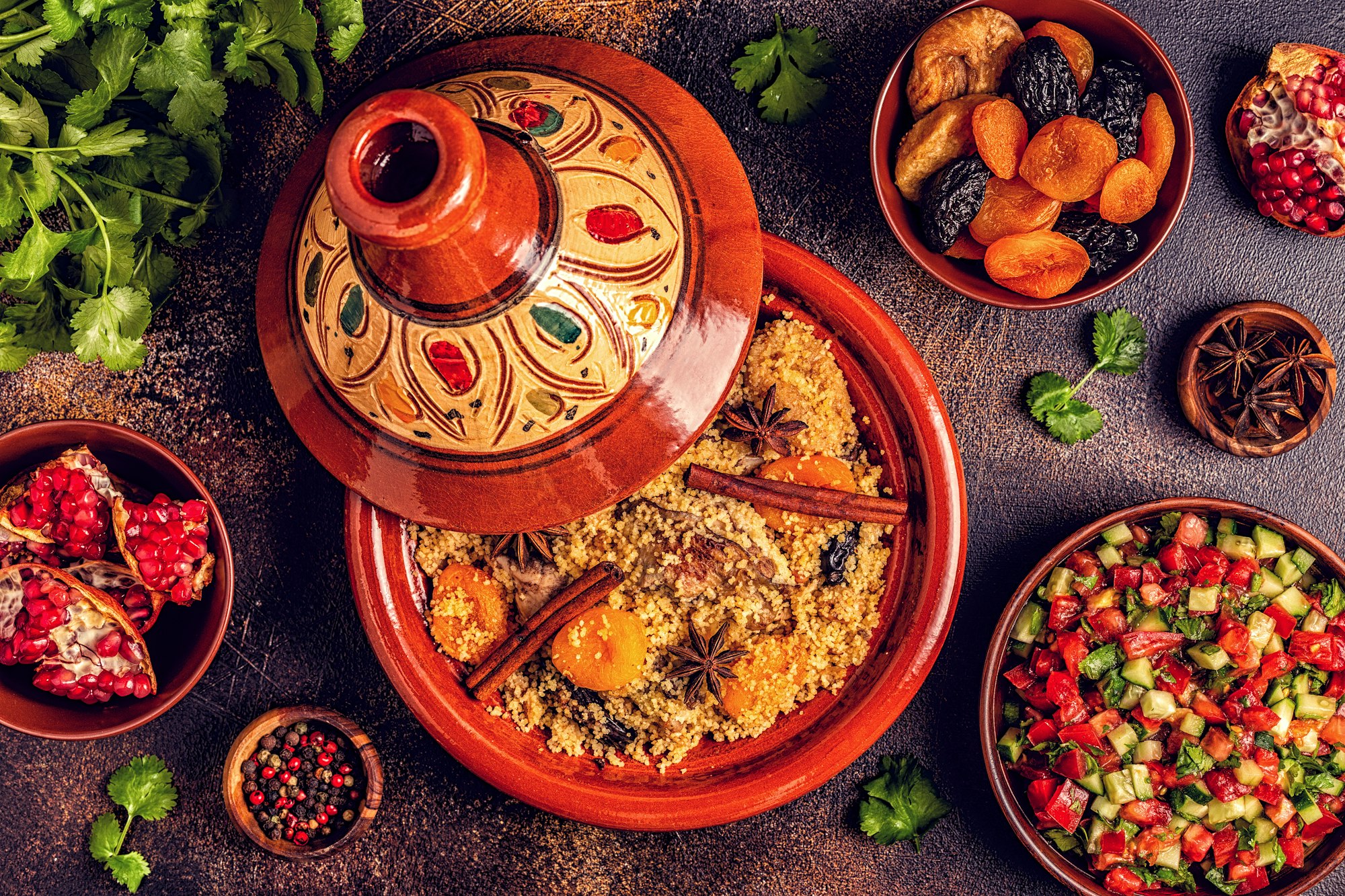 Traditional moroccan tajine of chicken with dried fruits and spices.